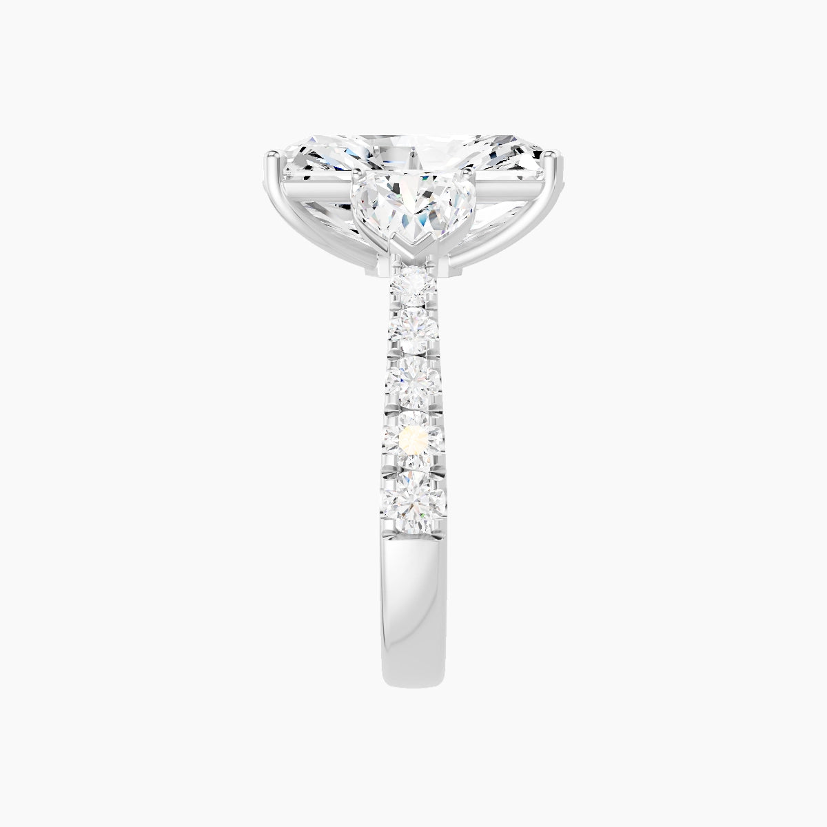 Classic Heart Trilogy with Reverse Shank | 18k White Gold 5 ct Radiant White Lab Diamond Ring