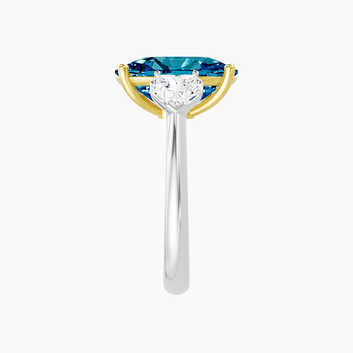 Classic Heart Trilogy | 18k White & Yellow Gold 5 ct Cushion Blue Lab Diamond Ring