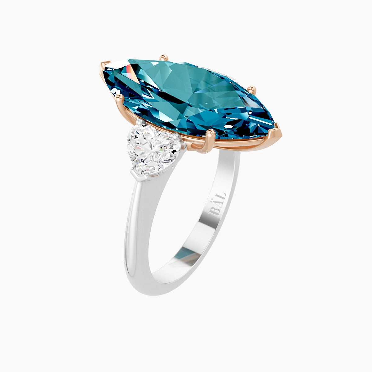 Classic Heart Trilogy | 18k White & Rose Gold 5 ct Marquise Blue Lab Diamond Ring