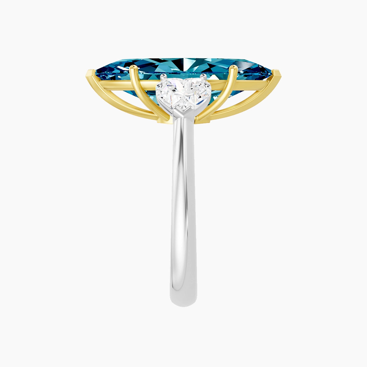 Classic Heart Trilogy | 18k White & Yellow Gold 5 ct Marquise Blue Lab Diamond Ring
