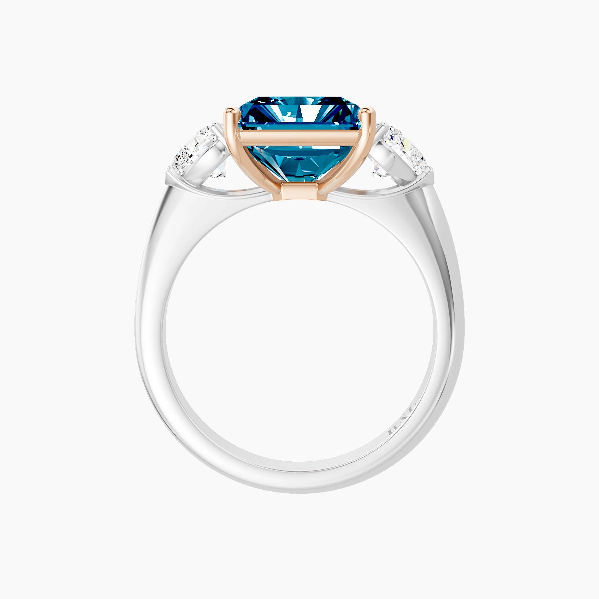 Classic Heart Trilogy | 18k White & Rose Gold 5 ct Radiant Blue Lab Diamond Ring