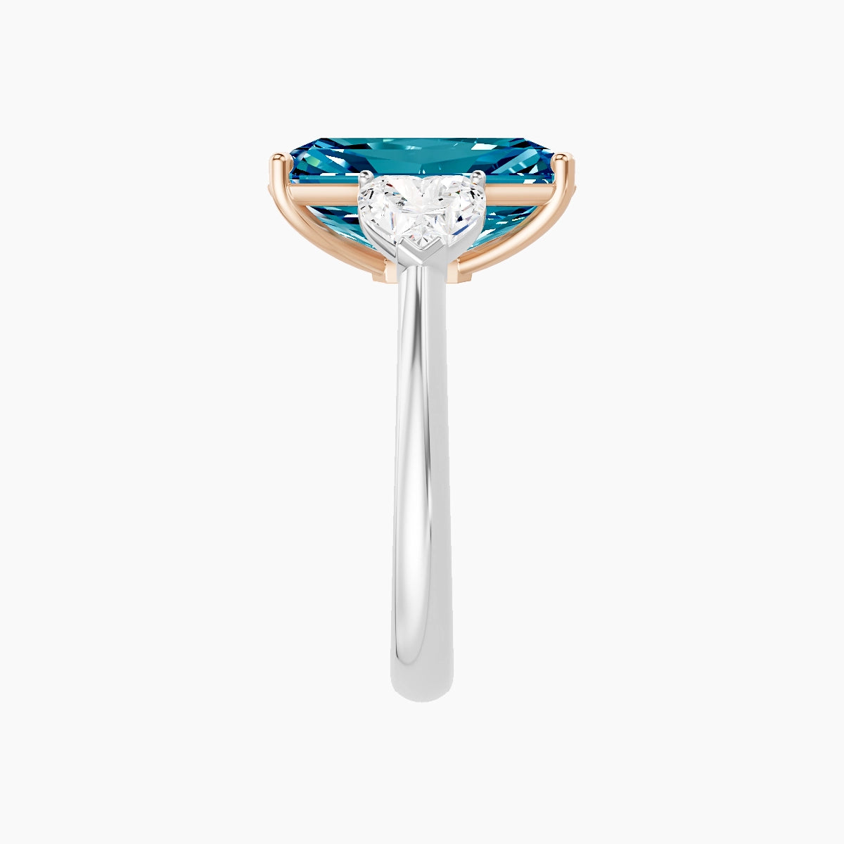 Classic Heart Trilogy | 18k White & Rose Gold 5 ct Radiant Blue Lab Diamond Ring