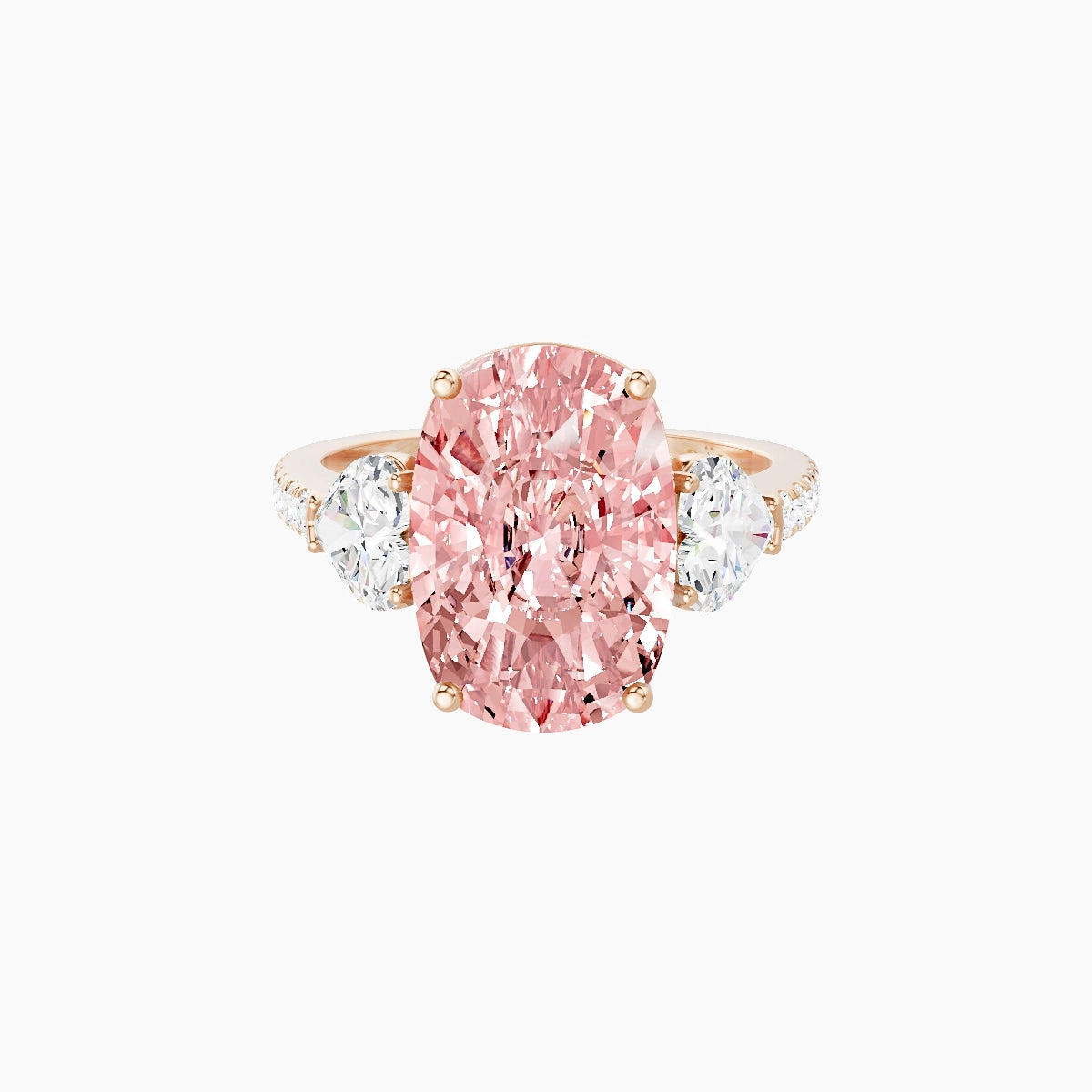 Classic Heart Trilogy with Straight Shank | 18k Rose Gold 5 ct Cushion Pink Lab Diamond Ring
