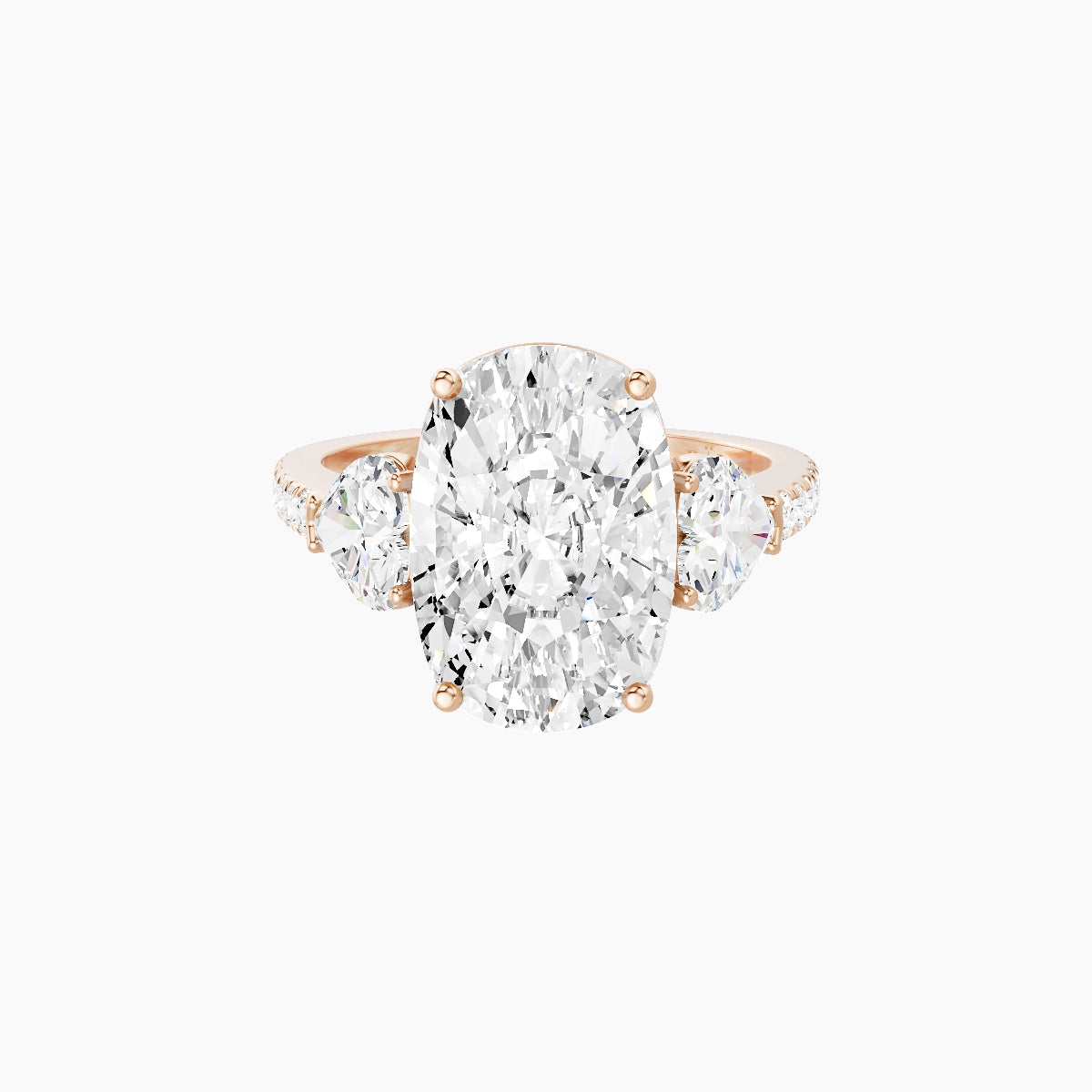 Classic Heart Trilogy with Straight Shank | 18k Rose Gold 5 ct Cushion White Lab Diamond Ring