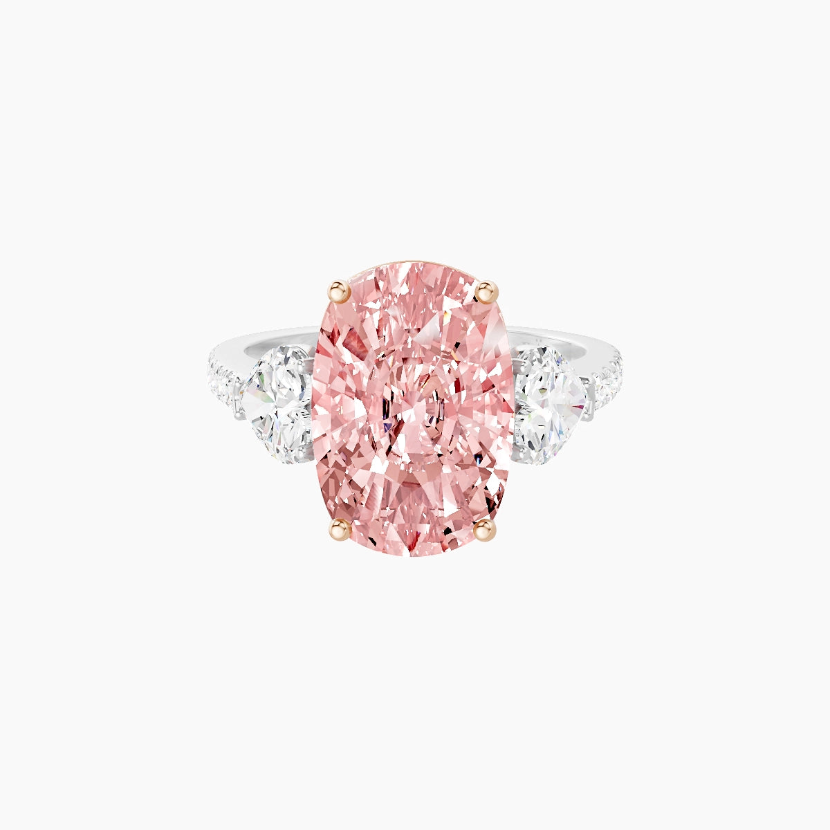 Classic Heart Trilogy with Straight Shank | 18k White & Rose Gold 5 ct Cushion Pink Lab Diamond Ring
