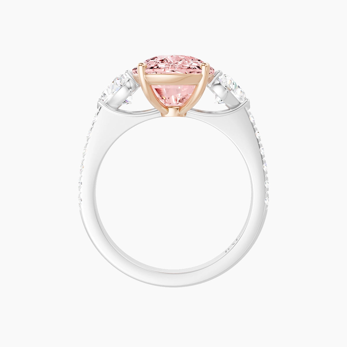 Classic Heart Trilogy with Straight Shank | 18k White & Rose Gold 5 ct Cushion Pink Lab Diamond Ring