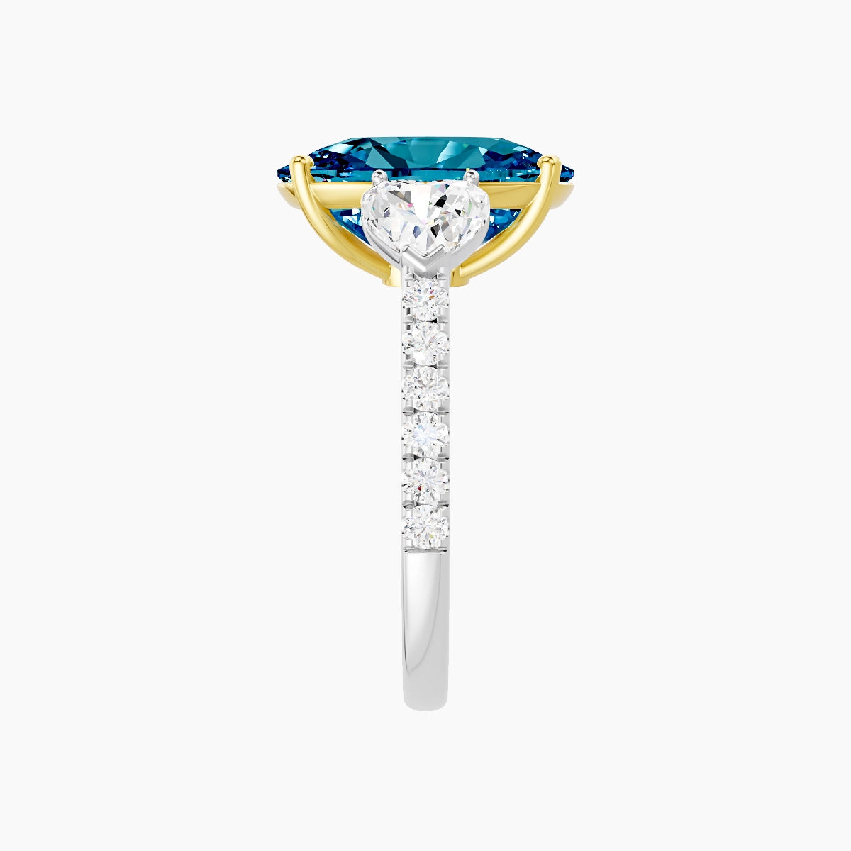 Classic Heart Trilogy with Straight Shank | 18k White & Yellow Gold 5 ct Cushion Blue Lab Diamond Ring