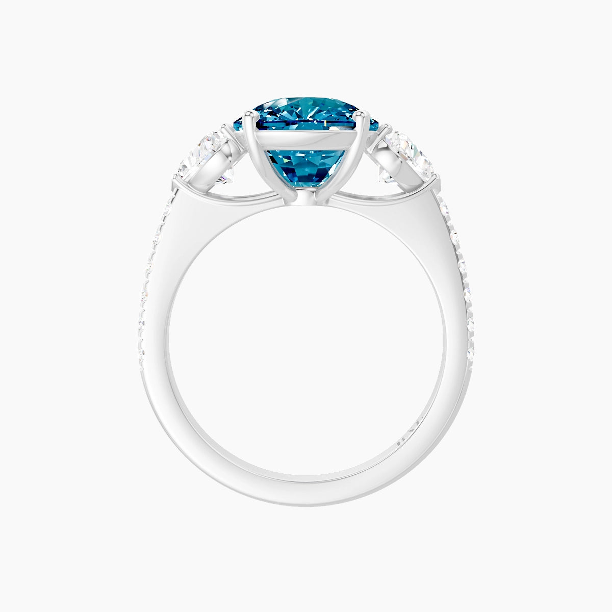 Classic Heart Trilogy with Straight Shank | 18k White Gold 5 ct Cushion Blue Lab Diamond Ring