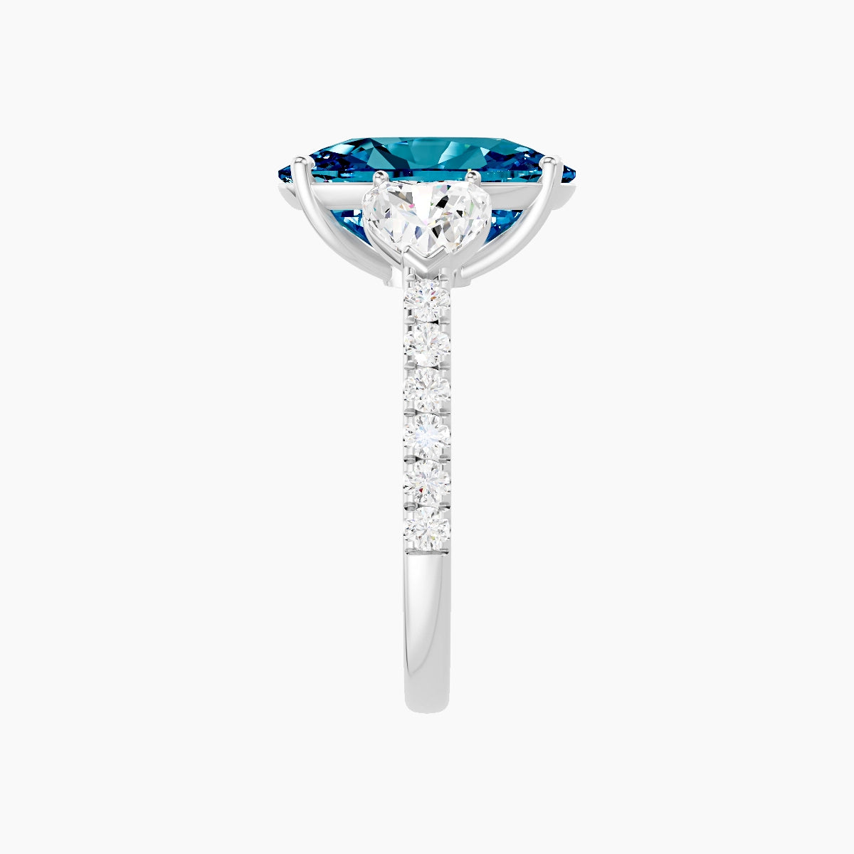 Classic Heart Trilogy with Straight Shank | 18k White Gold 5 ct Cushion Blue Lab Diamond Ring