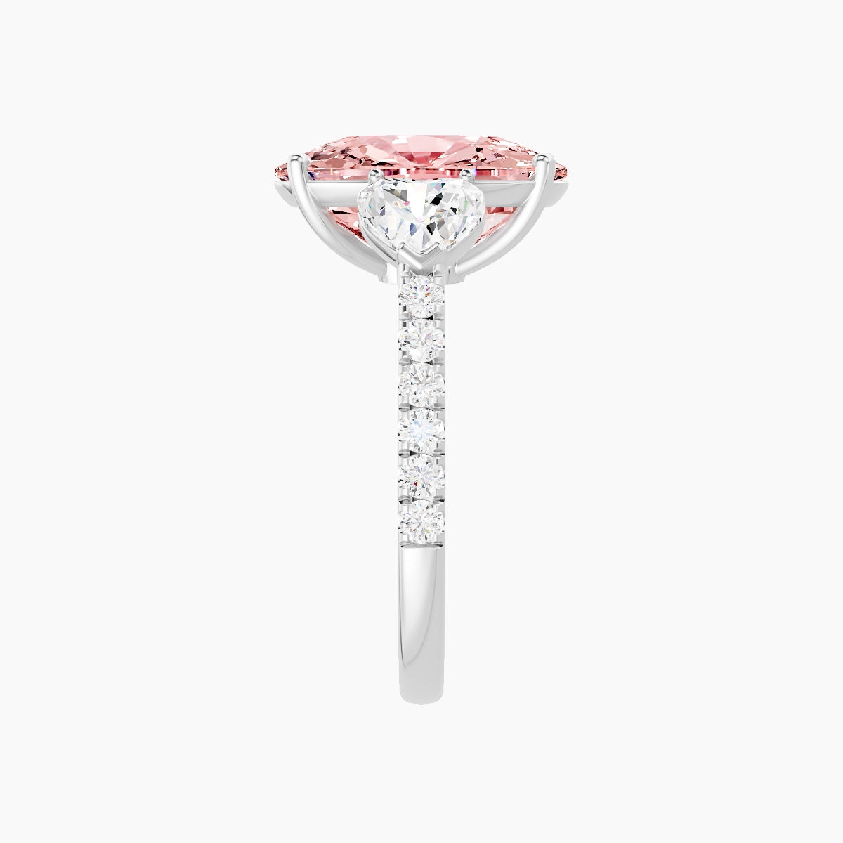 Classic Heart Trilogy with Straight Shank | 18k White Gold 5 ct Cushion Pink Lab Diamond Ring