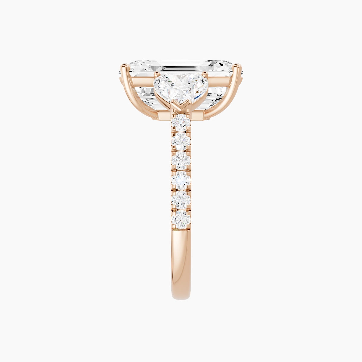Classic Heart Trilogy with Straight Shank | 18k Rose Gold 5 ct Emerald White Lab Diamond Ring