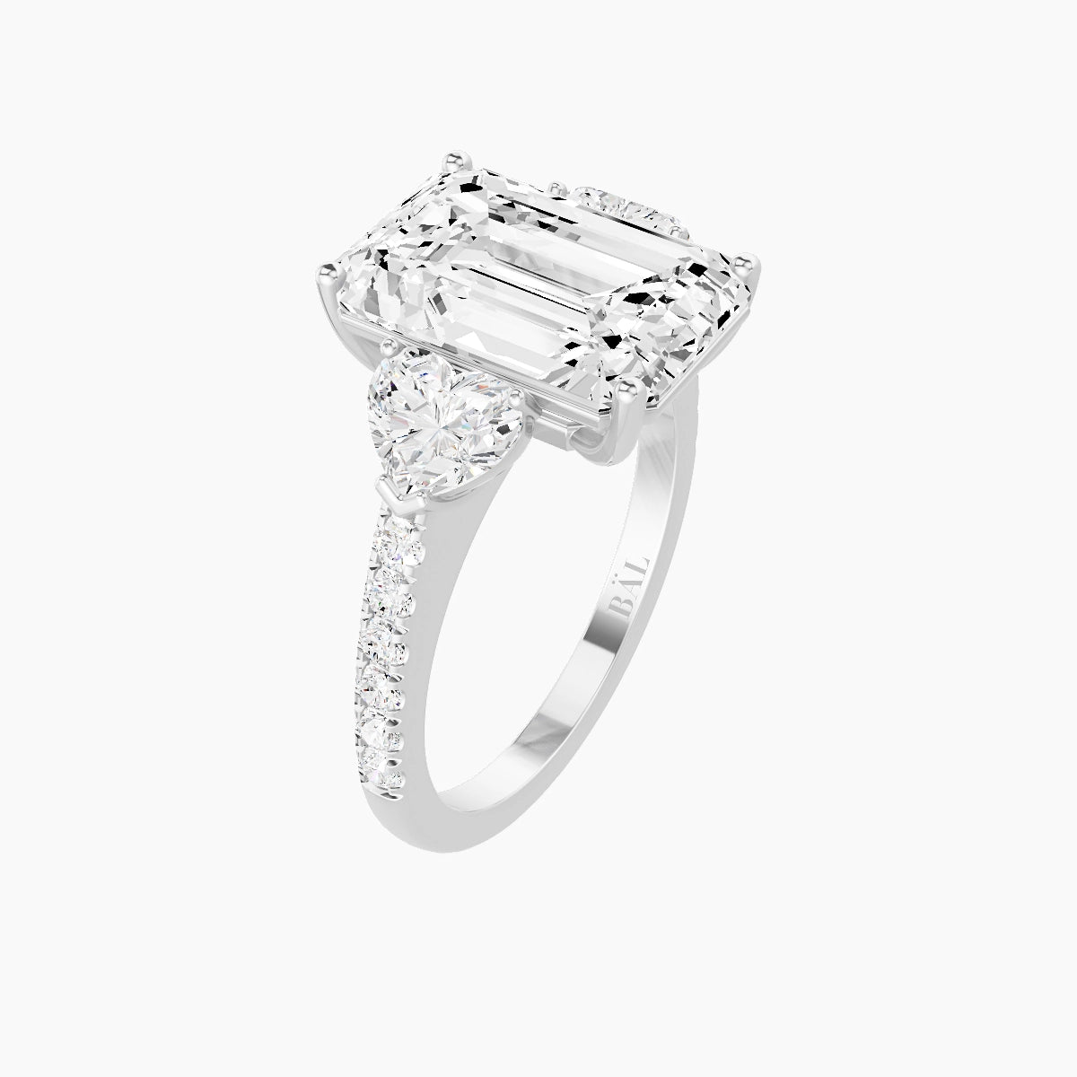Classic Heart Trilogy with Straight Shank | 18k White Gold 5 ct Emerald White Lab Diamond Ring