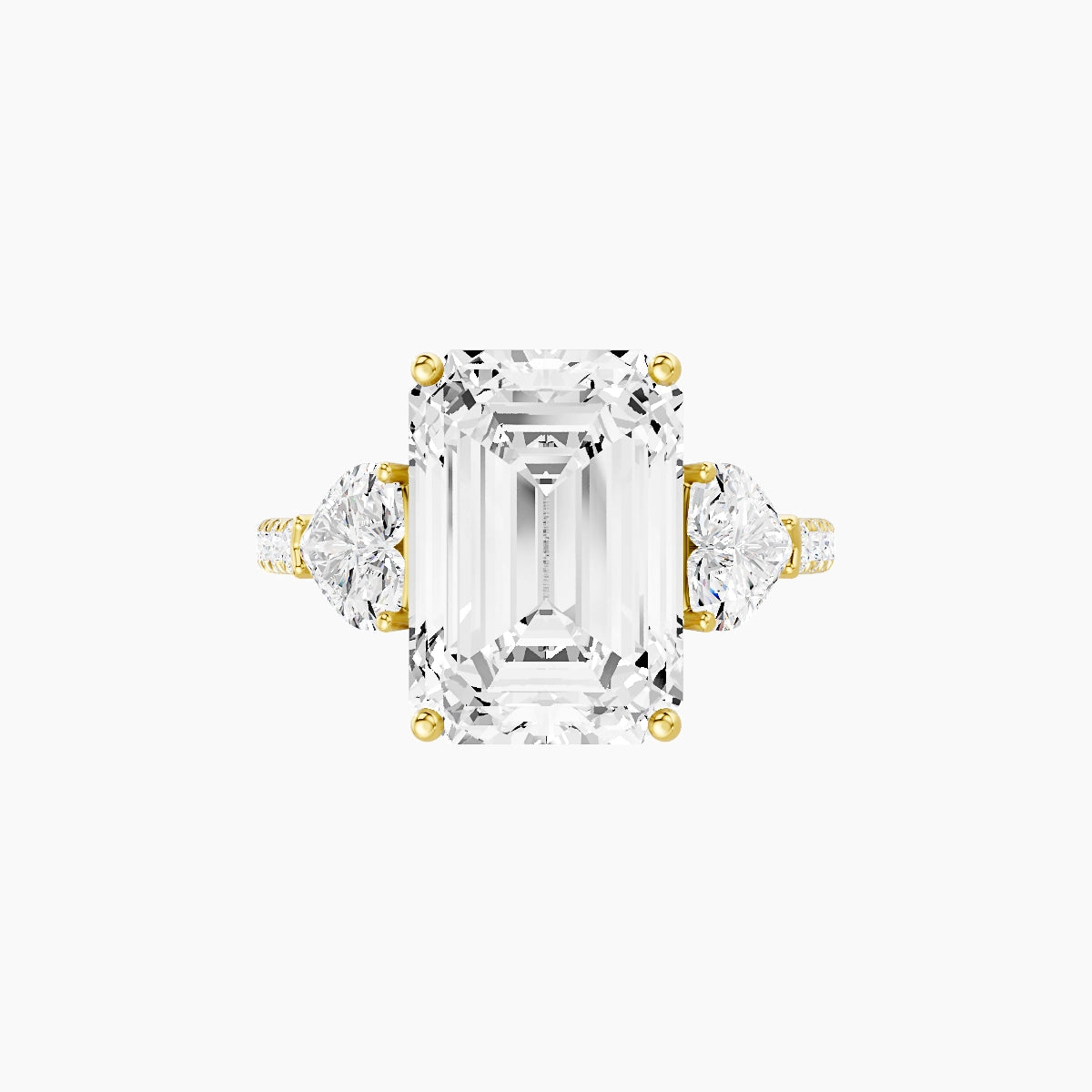 Classic Heart Trilogy with Straight Shank | 18k Yellow Gold 5 ct Emerald White Lab Diamond Ring