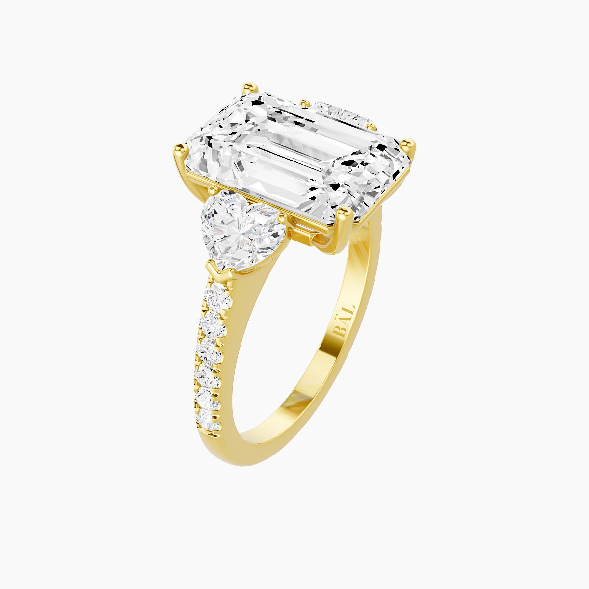 Classic Heart Trilogy with Straight Shank | 18k Yellow Gold 5 ct Emerald White Lab Diamond Ring