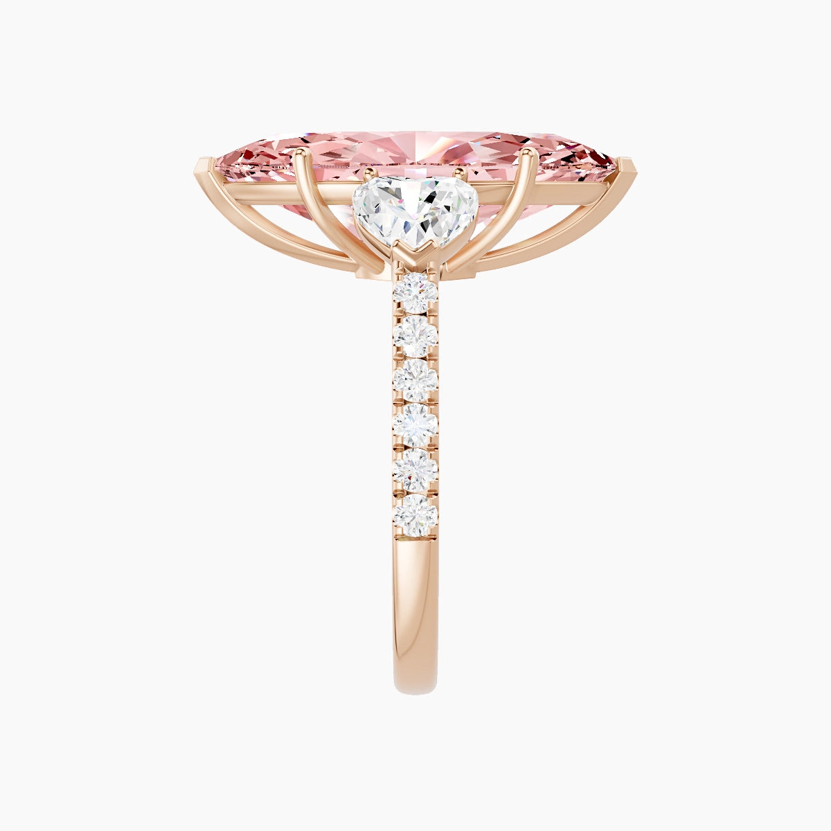Classic Heart Trilogy with Straight Shank | 18k Rose Gold 5 ct Marquise Pink Lab Diamond Ring