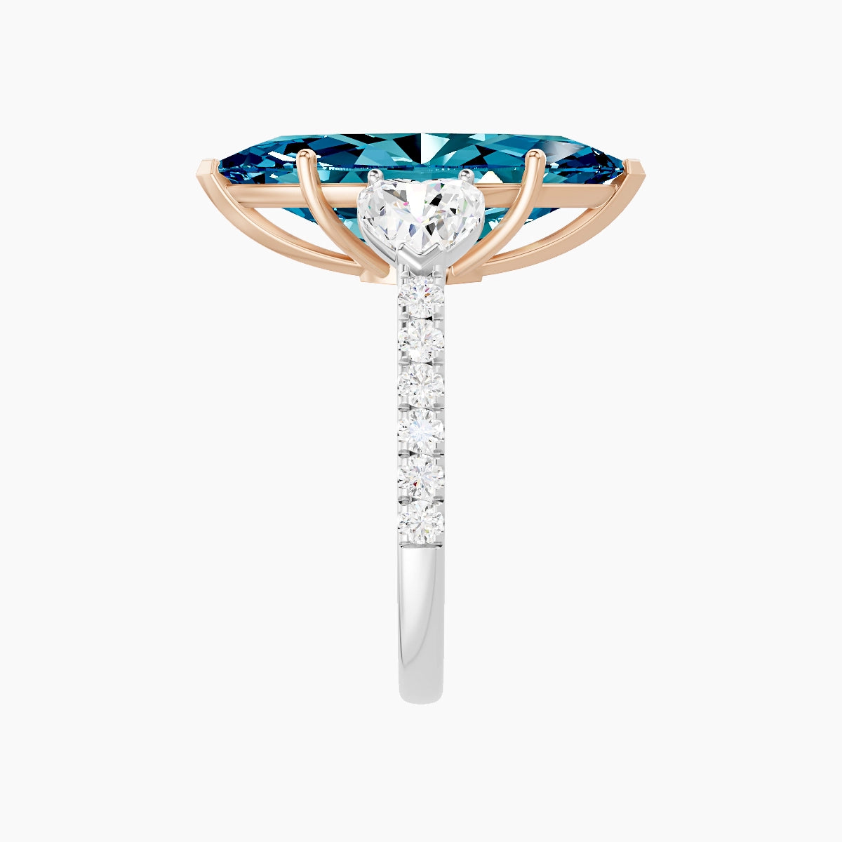 Classic Heart Trilogy with Straight Shank | 18k White & Rose Gold 5 ct Marquise Blue Lab Diamond Ring