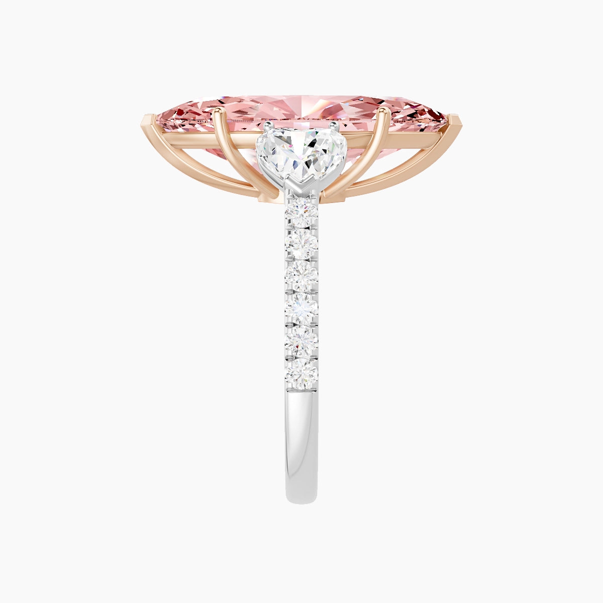 Classic Heart Trilogy with Straight Shank | 18k White & Rose Gold 5 ct Marquise Pink Lab Diamond Ring