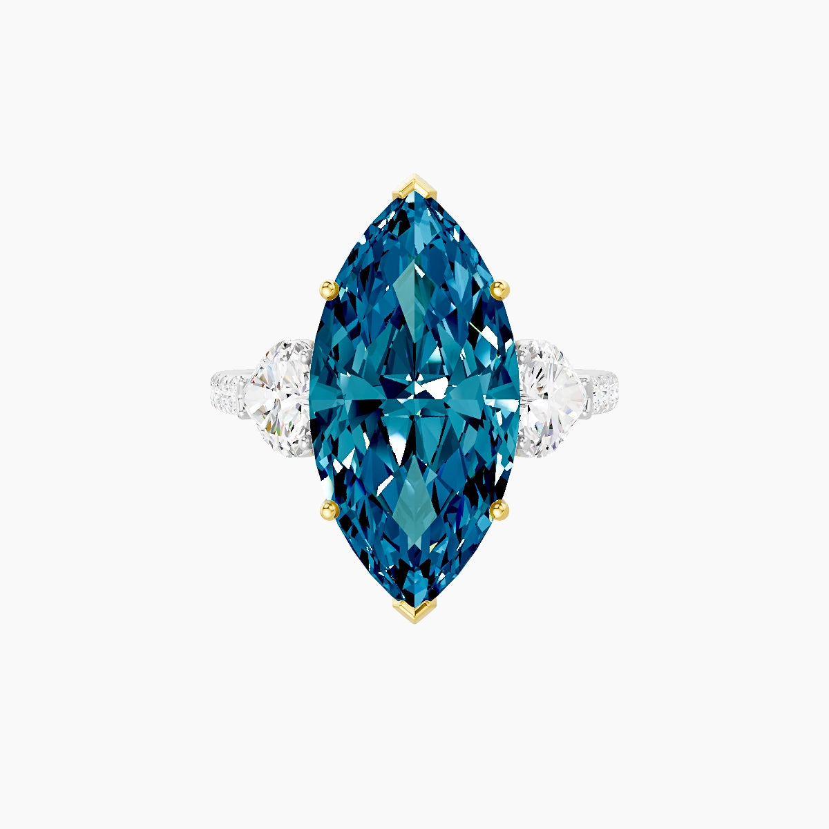 Classic Heart Trilogy with Straight Shank | 18k White & Yellow Gold 5 ct Marquise Blue Lab Diamond Ring