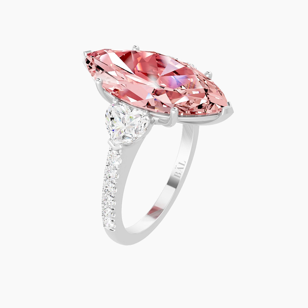 Classic Heart Trilogy with Straight Shank | 18k White Gold 5 ct Marquise Pink Lab Diamond Ring