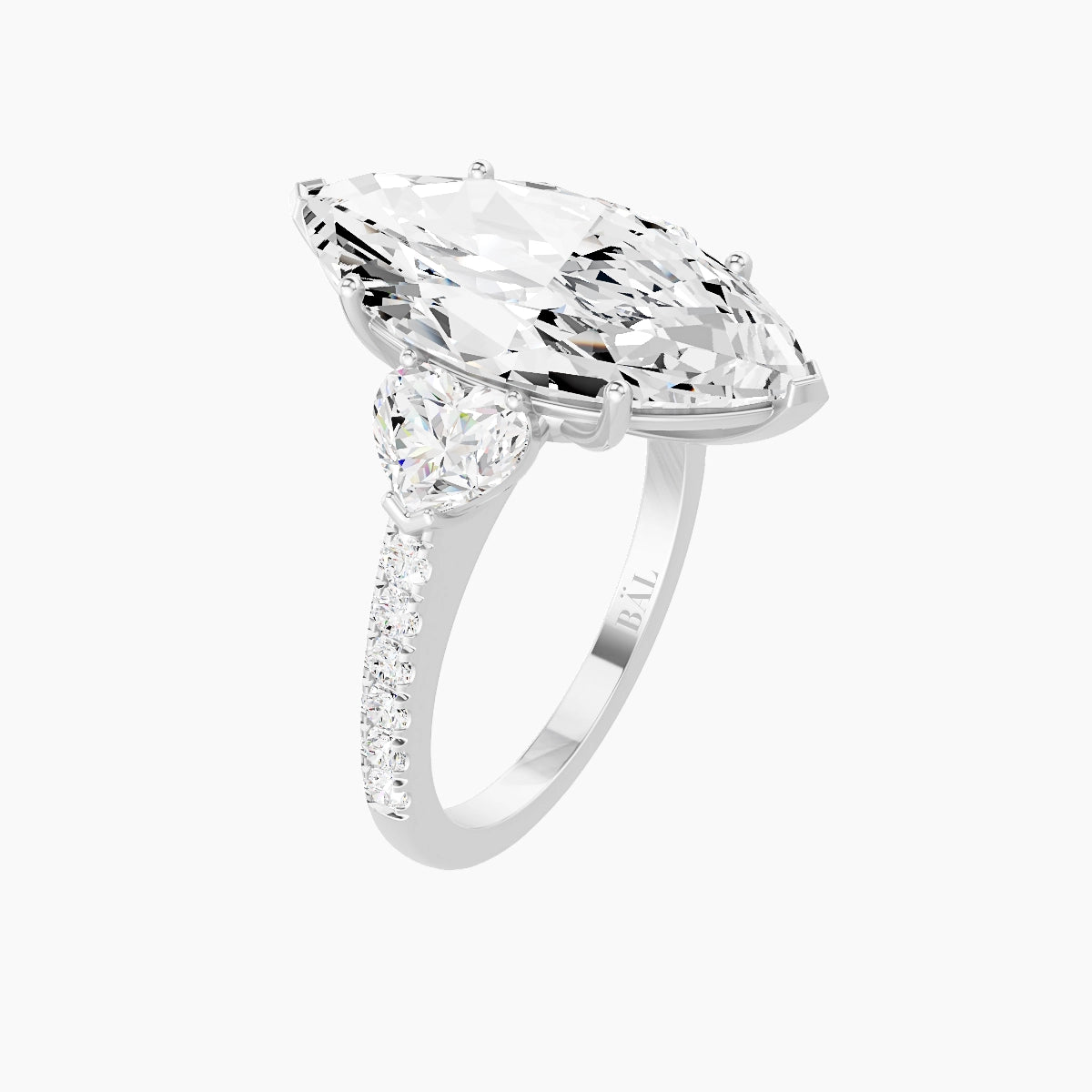 Classic Heart Trilogy with Straight Shank | 18k White Gold 5 ct Marquise White Lab Diamond Ring