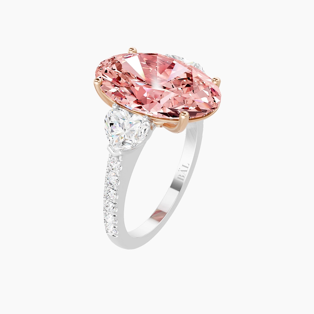 Classic Heart Trilogy with Straight Shank | 18k White & Rose Gold 5 ct Oval Pink Lab Diamond Ring