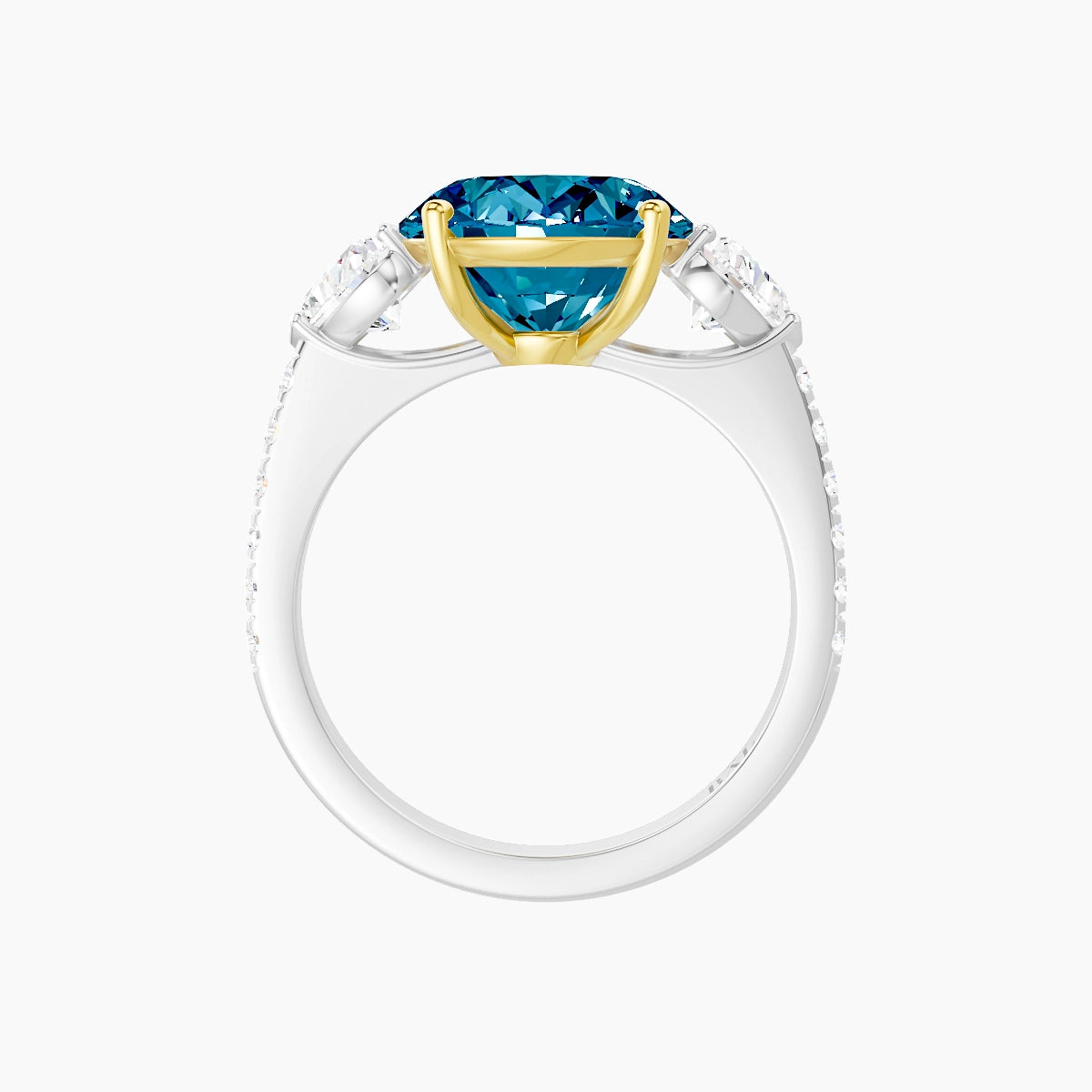 Classic Heart Trilogy with Straight Shank | 18k White & Yellow Gold 5 ct Oval Blue Lab Diamond Ring