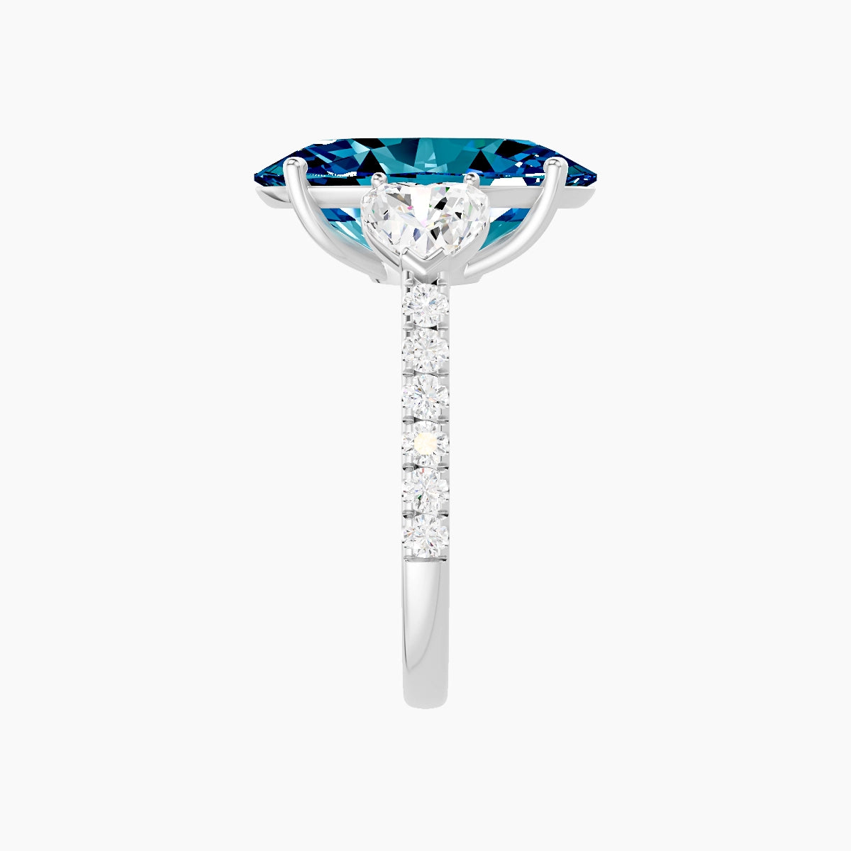 Classic Heart Trilogy with Straight Shank | 18k White Gold 5 ct Oval Blue Lab Diamond Ring