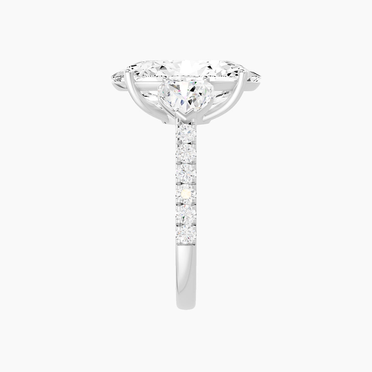 Classic Heart Trilogy with Straight Shank | 18k White Gold 5 ct Oval White Lab Diamond Ring