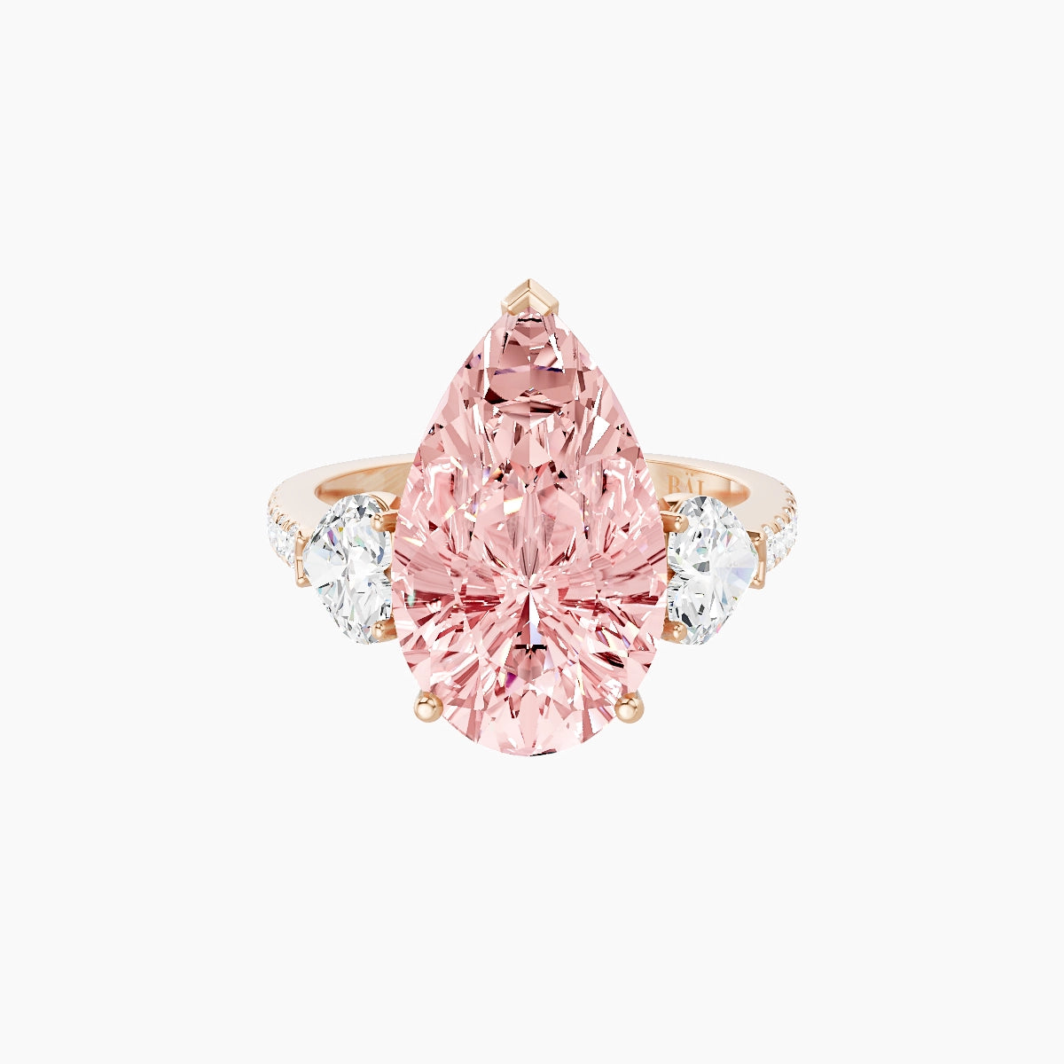 Classic Heart Trilogy with Straight Shank | 18k Rose Gold 5 ct Pear Pink Lab Diamond Ring