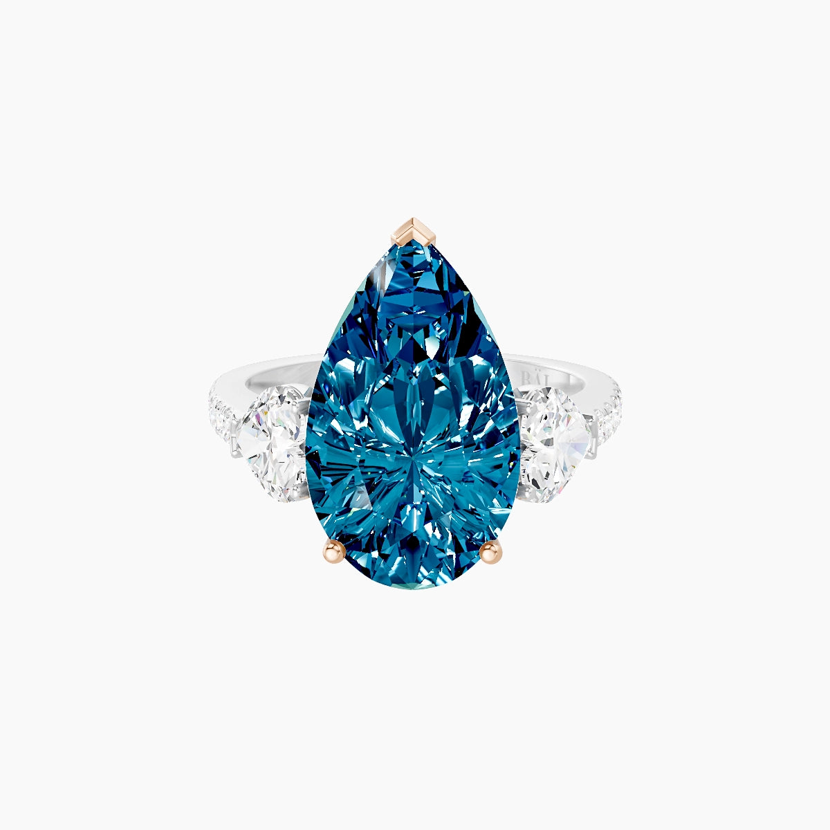 Classic Heart Trilogy with Straight Shank | 18k White & Rose Gold 5 ct Pear Blue Lab Diamond Ring
