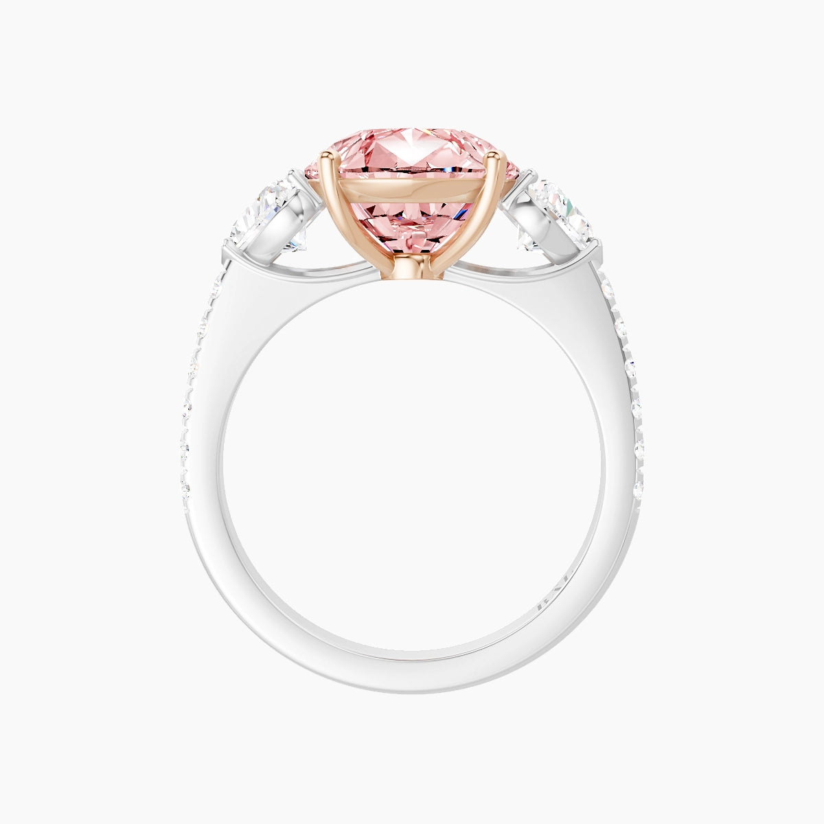 Classic Heart Trilogy with Straight Shank | 18k White & Rose Gold 5 ct Pear Pink Lab Diamond Ring