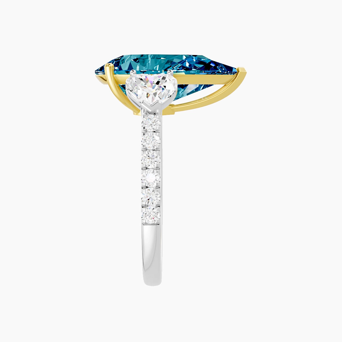 Classic Heart Trilogy with Straight Shank | 18k White & Yellow Gold 5 ct Pear Blue Lab Diamond Ring