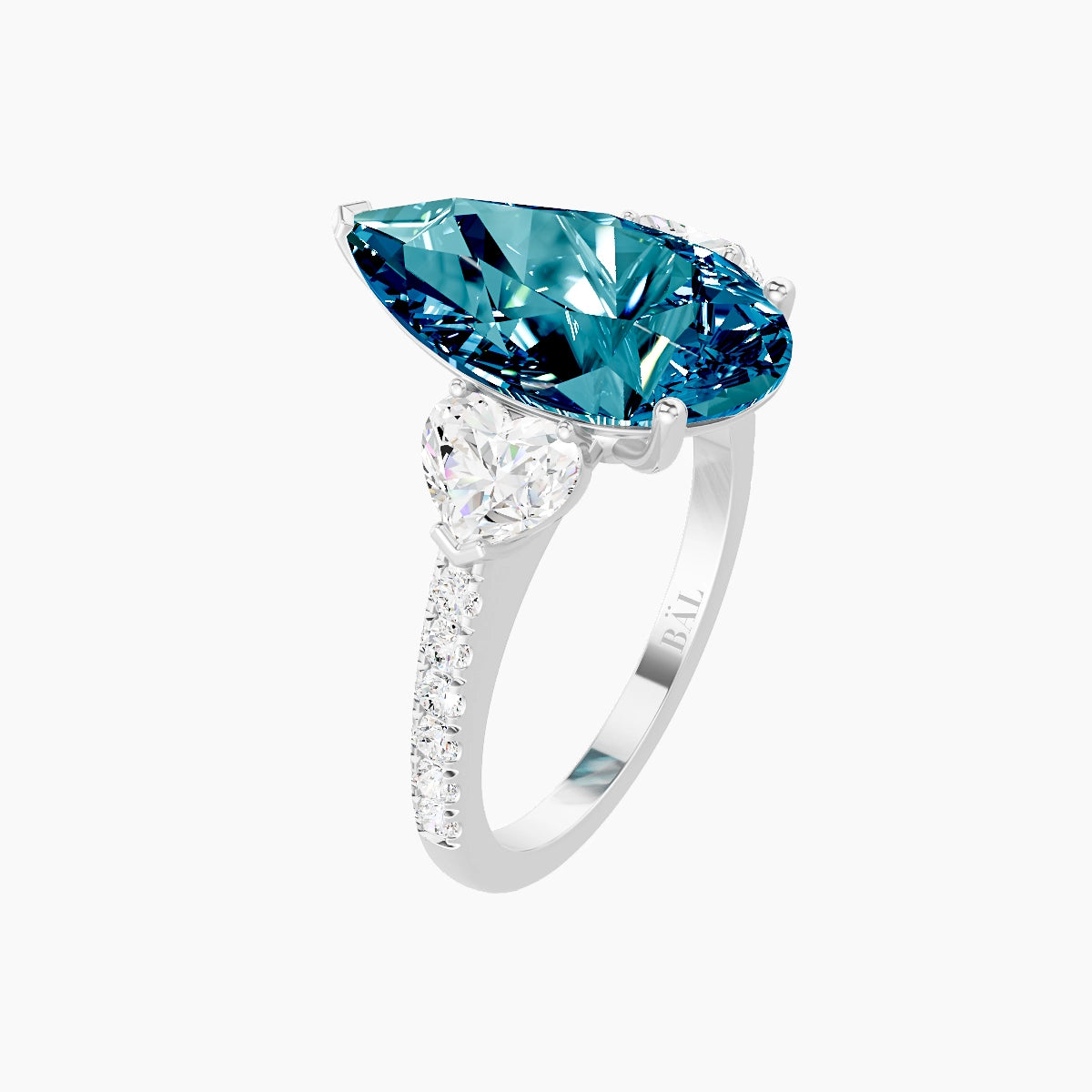 Classic Heart Trilogy with Straight Shank | 18k White Gold 5 ct Pear Blue Lab Diamond Ring