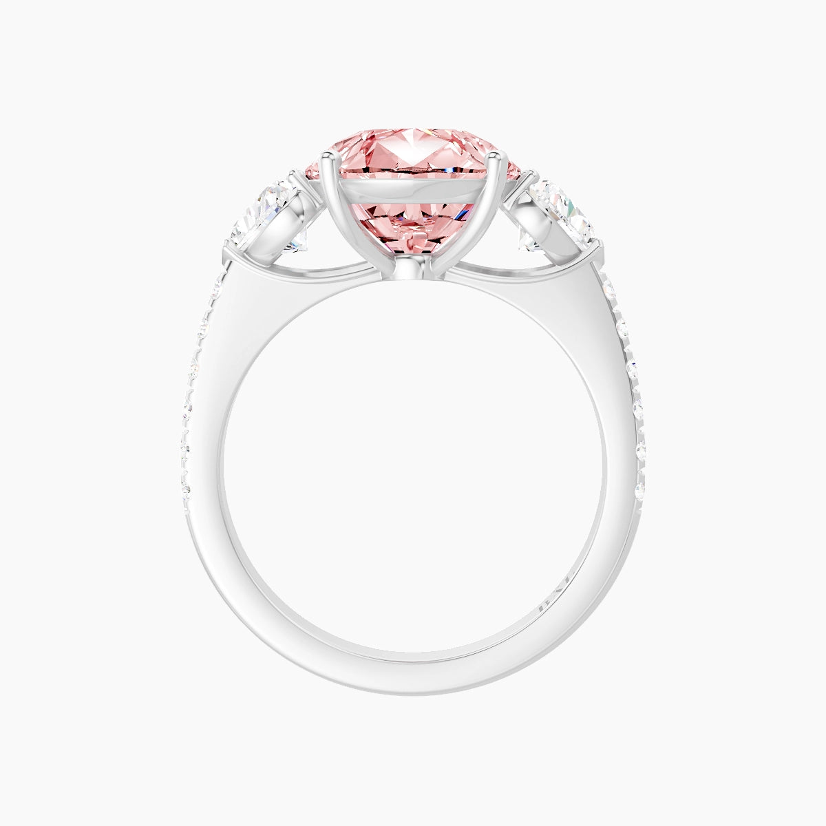 Classic Heart Trilogy with Straight Shank | 18k White Gold 5 ct Pear Pink Lab Diamond Ring