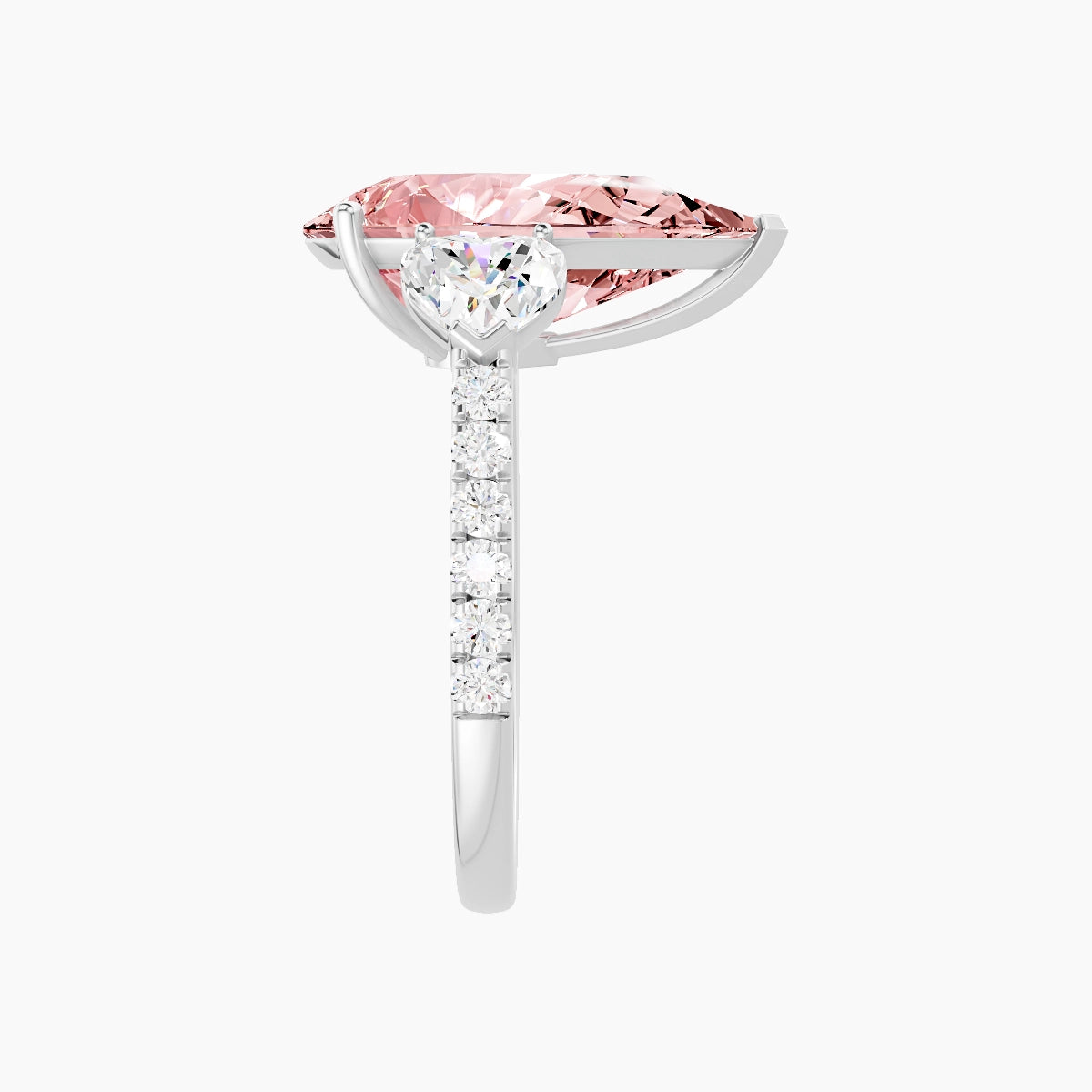 Classic Heart Trilogy with Straight Shank | 18k White Gold 5 ct Pear Pink Lab Diamond Ring