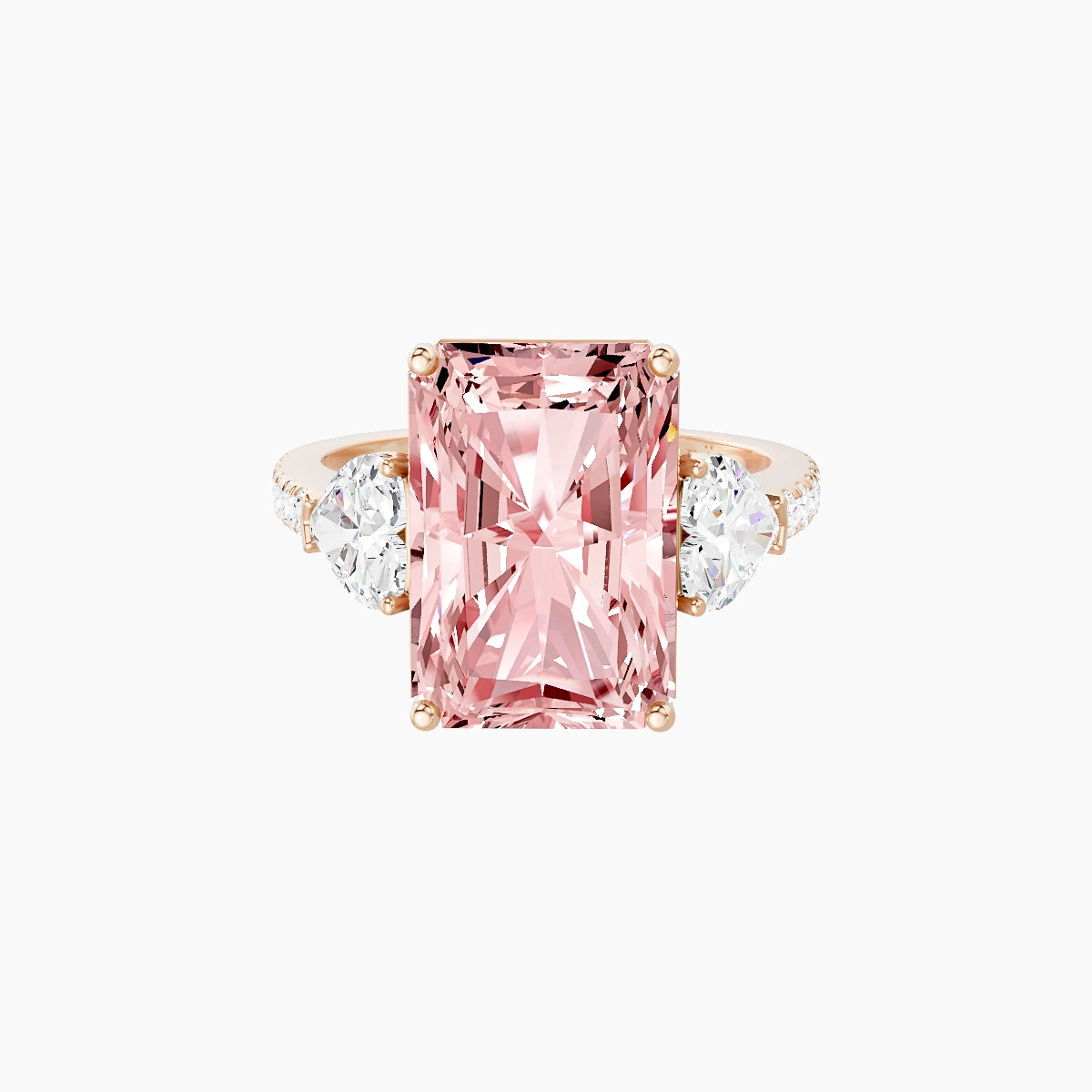 Classic Heart Trilogy with Straight Shank | 18k Rose Gold 5 ct Radiant Pink Lab Diamond Ring