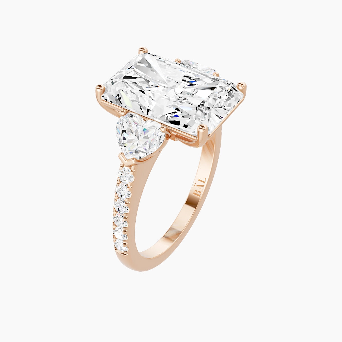Classic Heart Trilogy with Straight Shank | 18k Rose Gold 5 ct Radiant White Lab Diamond Ring