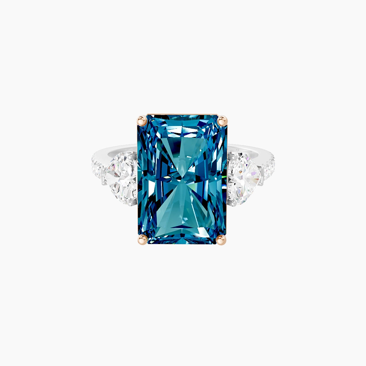 Classic Heart Trilogy with Straight Shank | 18k White & Rose Gold 5 ct Radiant Blue Lab Diamond Ring