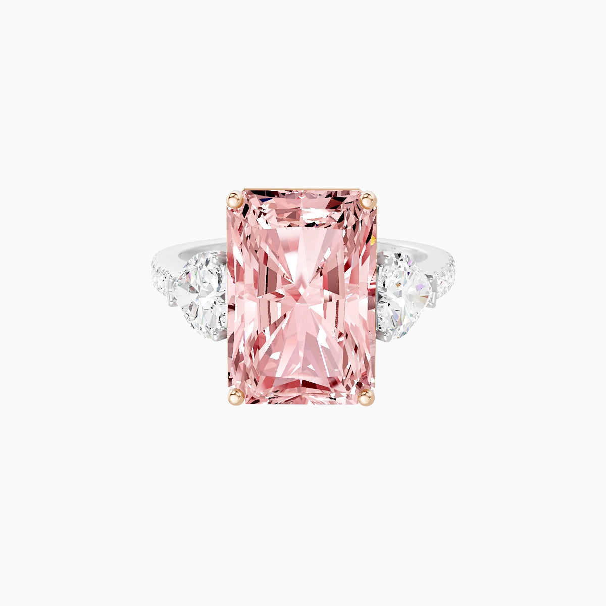 Classic Heart Trilogy with Straight Shank | 18k White & Rose Gold 5 ct Radiant Pink Lab Diamond Ring