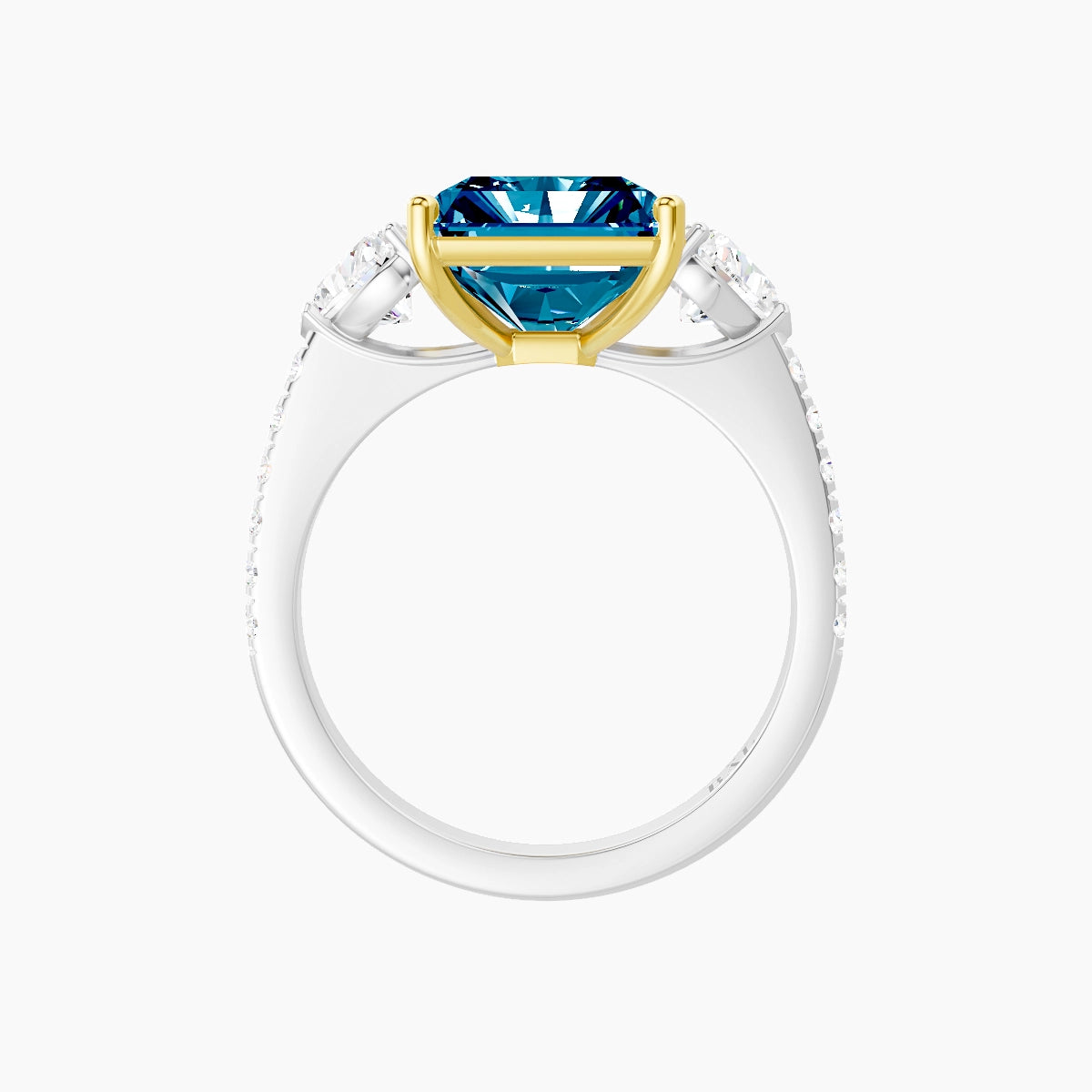 Classic Heart Trilogy with Straight Shank | 18k White & Yellow Gold 5 ct Radiant Blue Lab Diamond Ring