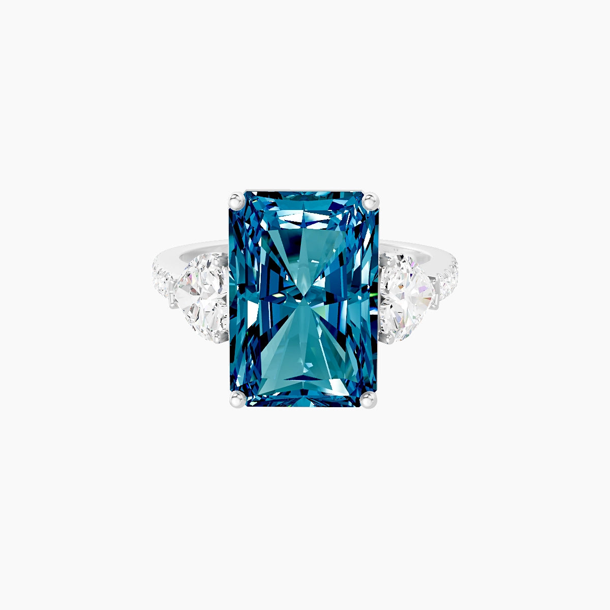 Classic Heart Trilogy with Straight Shank | 18k White Gold 5 ct Radiant Blue Lab Diamond Ring