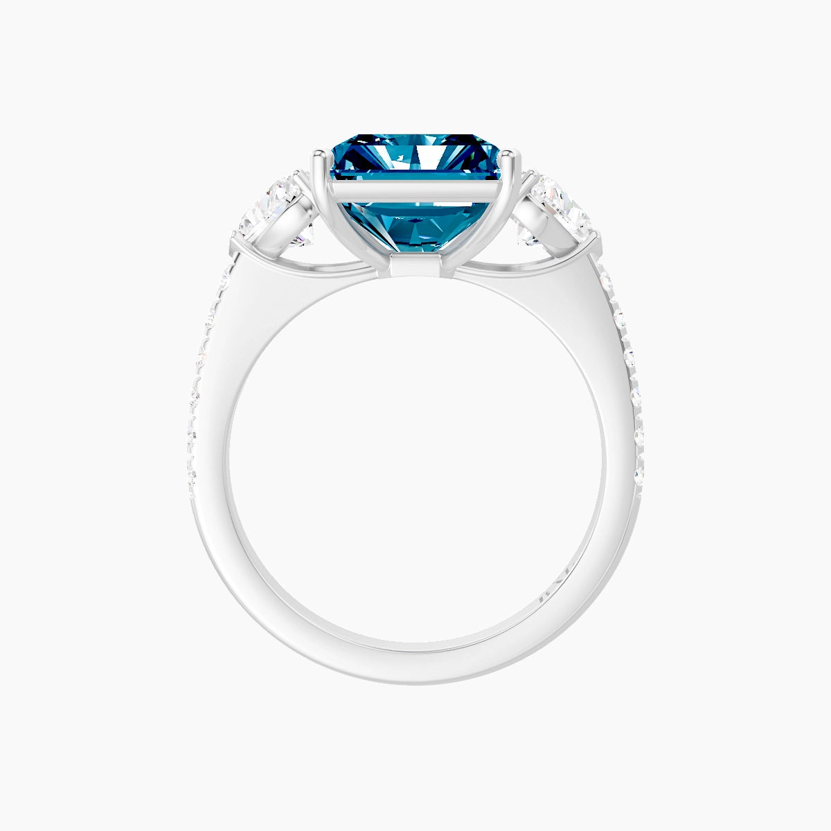 Classic Heart Trilogy with Straight Shank | 18k White Gold 5 ct Radiant Blue Lab Diamond Ring