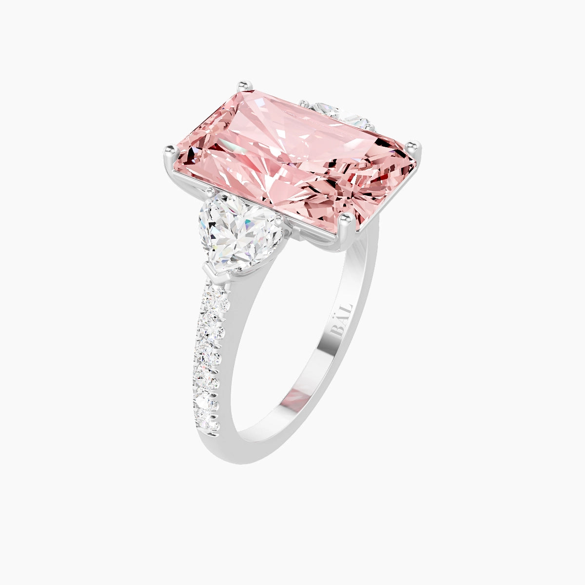 Classic Heart Trilogy with Straight Shank | 18k White Gold 5 ct Radiant Pink Lab Diamond Ring