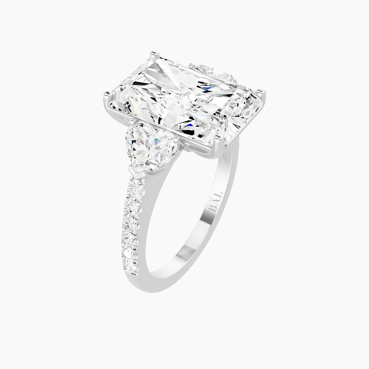 Classic Heart Trilogy with Straight Shank | 18k White Gold 5 ct Radiant White Lab Diamond Ring