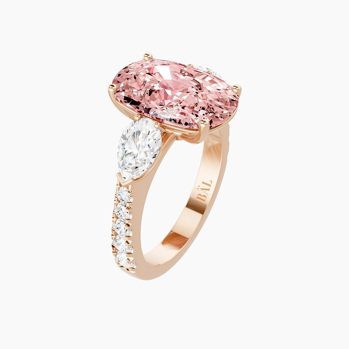 Classic Pear Trilogy with Reverse Shank | 18k Rose Gold 5 ct Cushion Pink Lab Diamond Ring