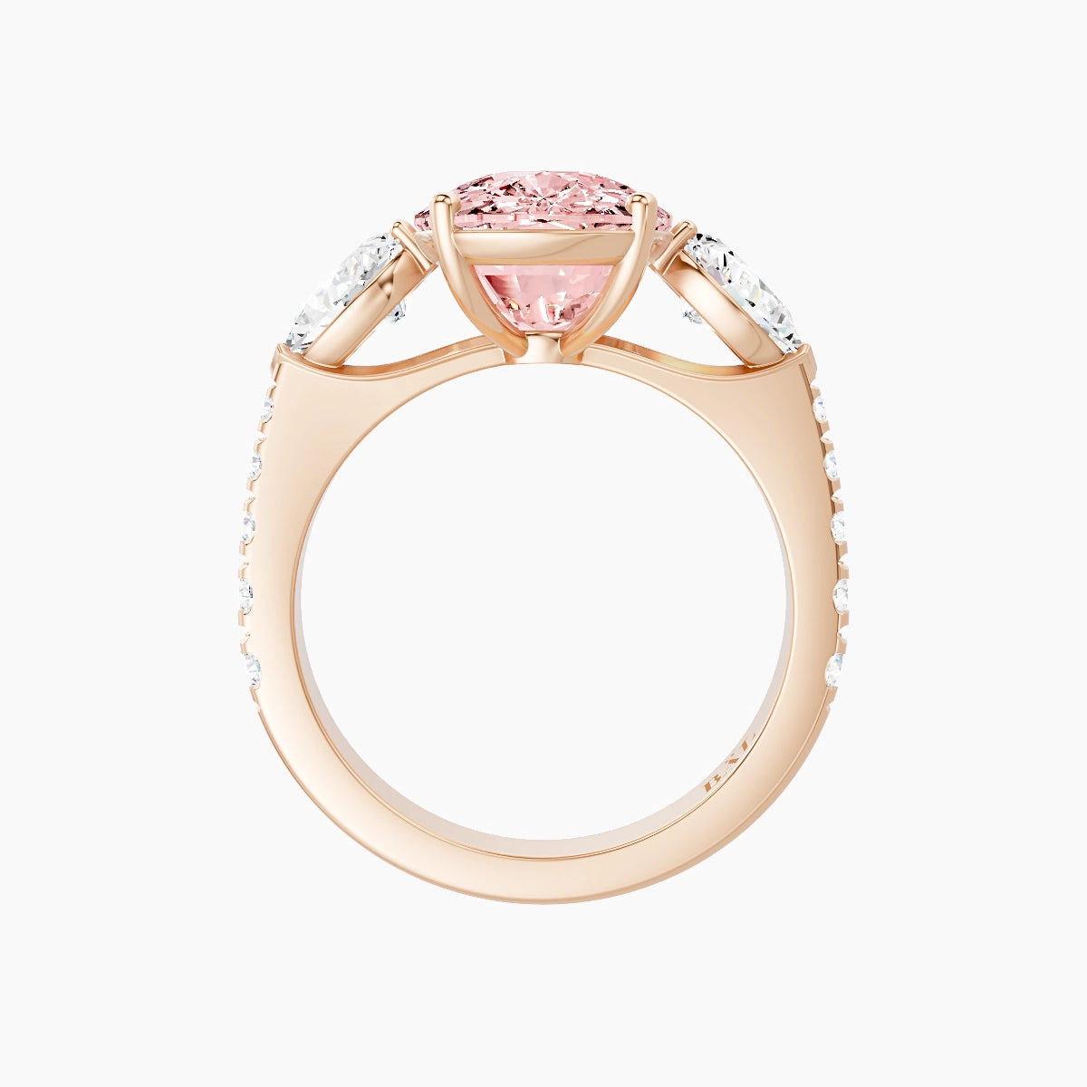Classic Pear Trilogy with Reverse Shank | 18k Rose Gold 5 ct Cushion Pink Lab Diamond Ring