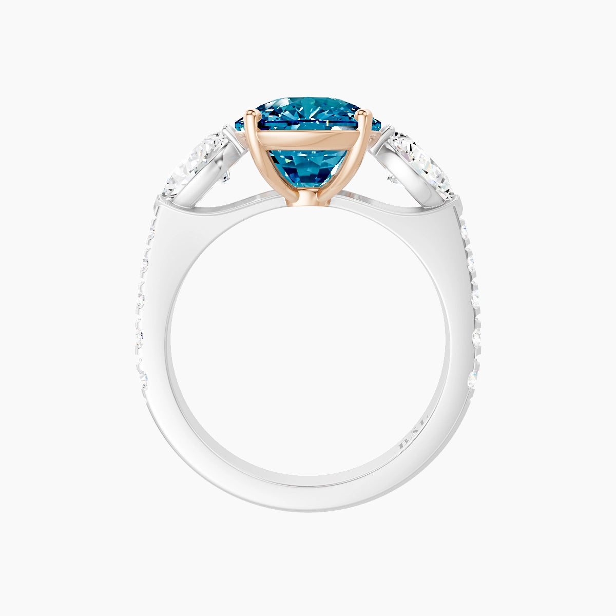 Classic Pear Trilogy with Reverse Shank | 18k White & Rose Gold 5 ct Cushion Blue Lab Diamond Ring