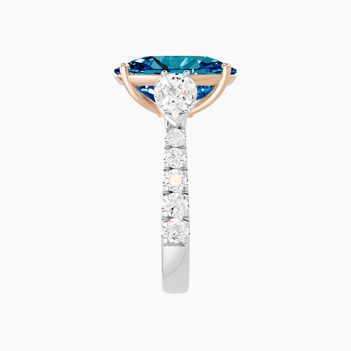 Classic Pear Trilogy with Reverse Shank | 18k White & Rose Gold 5 ct Cushion Blue Lab Diamond Ring
