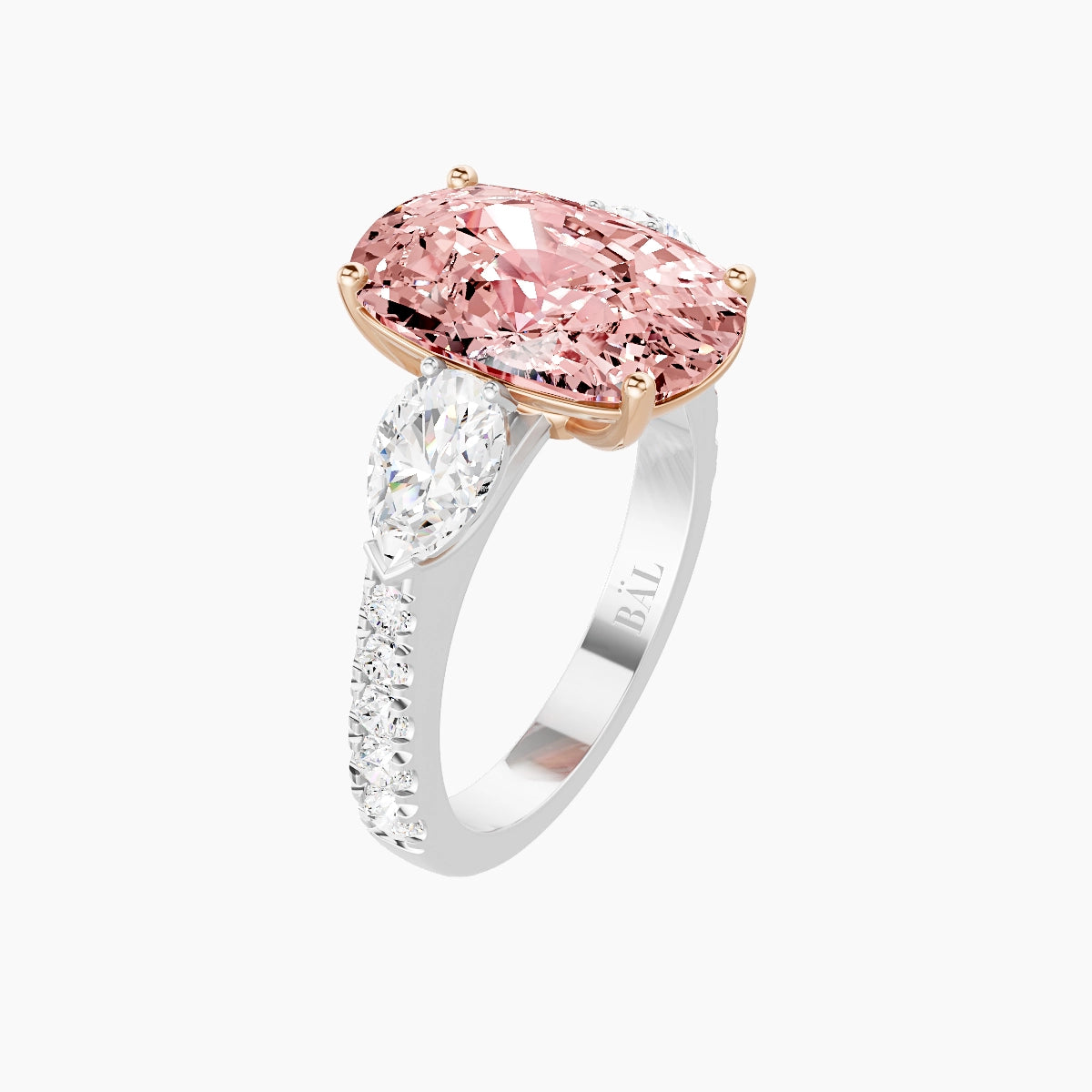 Classic Pear Trilogy with Reverse Shank | 18k White & Rose Gold 5 ct Cushion Pink Lab Diamond Ring
