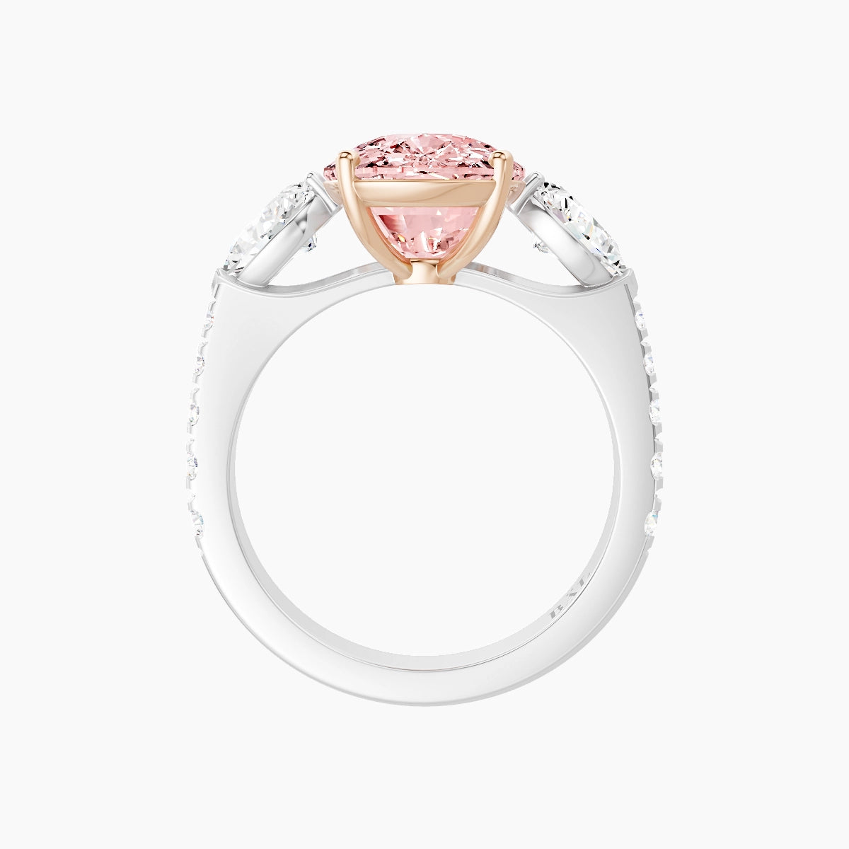 Classic Pear Trilogy with Reverse Shank | 18k White & Rose Gold 5 ct Cushion Pink Lab Diamond Ring